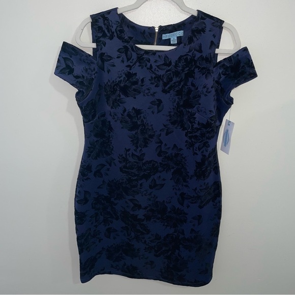 Prosecco NWT Floral Wendy Navy Mini cold shoulder dress Size 10 - Picture 1 of 8